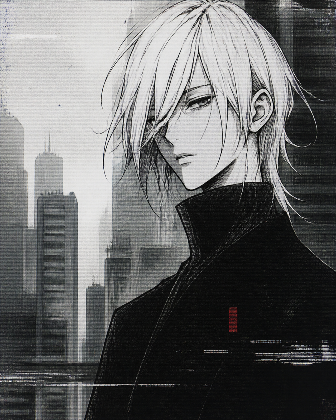 Original monochrome anime character overlooking a brutalist city